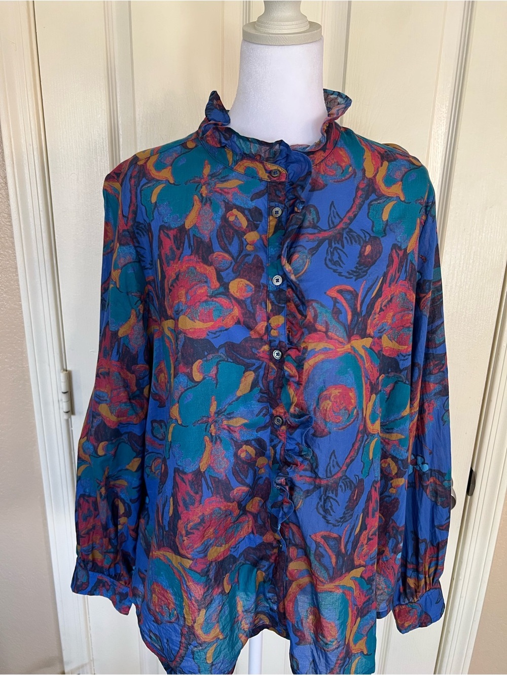 Sundance Floral Ruffle Button Front Lagenlook Cotton Blouse XL